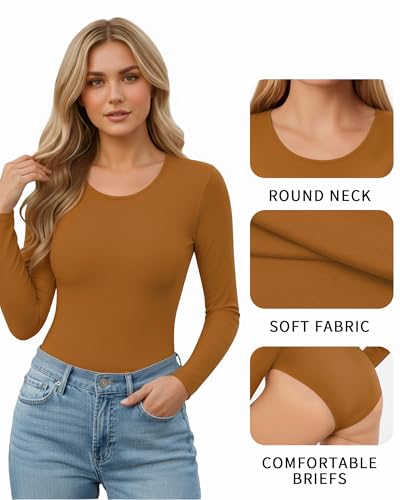 Image of Mangopop Women' Long Sleeve Ribbed Bodysuit Jumpsuits