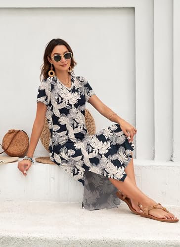 Image of MISFAY Womens Maxi Dress Short Sleeve V Neck Loose with Pockets | Soft stretchy breathable, v neck loose fit, side split hem, two side pockets, casual daily beach vacation travel dress