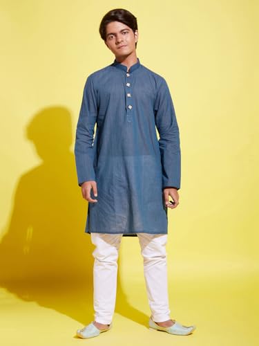 Image of VASTRAMAY Boys YUVA Boys' Midnight Blue and White Pure Cotton Kurta Pyjama Set