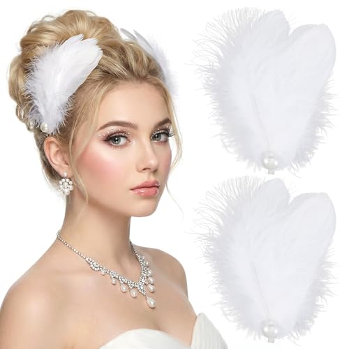 2PCS White Feather Hair Clip White Artificial Swan Feather Faux Pearl Hair Pins Ballet Style Hair Pins Accessories for Women Girls Wedding Engagement Halloween Christmas Stage Performance Headpiece