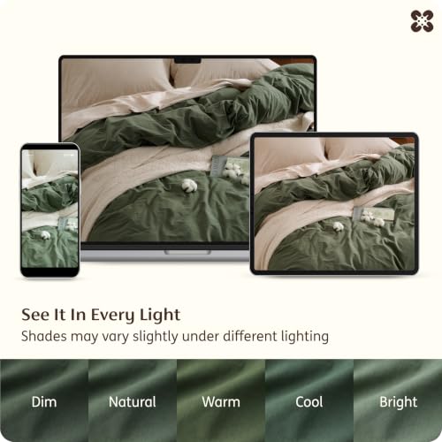Image of Bedsure PureWoven 100% Washed Cotton Duvet Cover Only, Queen, Olive Green | 1 Duvet Cover, No Pillow Shams, Linen Like Textured, Lightweight & Breathable for All Seasons, Zipper Closure, 8 Corner Ties