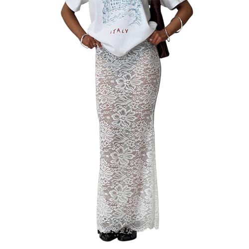 WERNZATT Faldas largas de encaje floral para mujer, cintura elástica, transparentes, sexy, traslúcidas, para playa, ropa de calle, blanco, XL