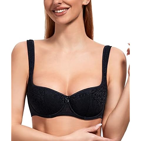 DotVol Women's Plus Size Wide Straps Lace Demi Underwire Lightly Padded Balconette Bra(40D,Black#1) Cover