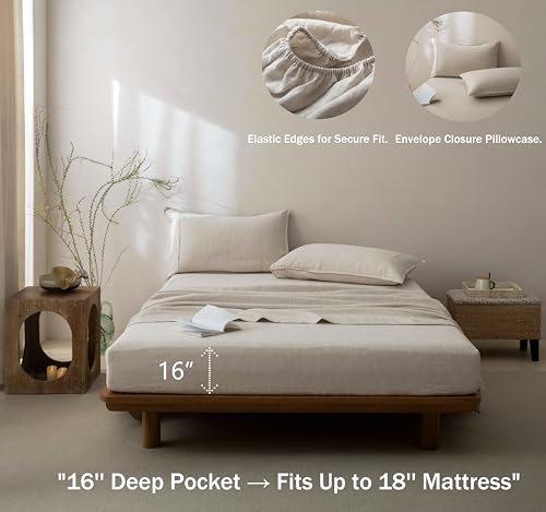 Talasily 100% French Pure Linen Sheets Set California King Size,Oeko-TEX Certified Bedding, All-Season Breathable for Hot Sleepers,16 Inch Deep Pocket Machine Washable 4-Piece (Natural Linen)