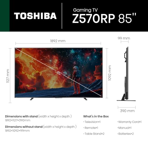 Image of Toshiba 215 cm (85 Inches) 4K Ultra HD Smart QLED TV | Dolby Vision Atmos, HDR10+ | 144 Hz Panel | 2.1 CH 61W Speaker with Sub Woofer | REGZA Engine ZRi | Voice Control | VIDAA OS | 85Z570RP (Black)