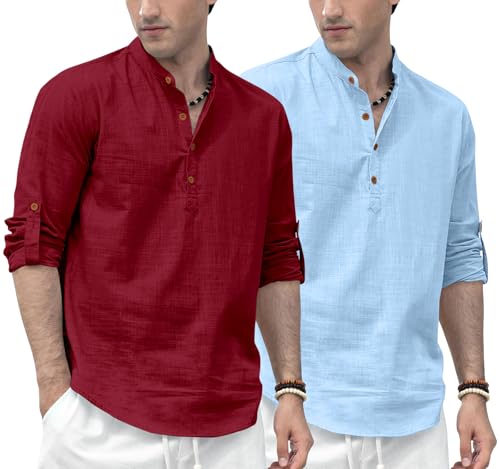 Image of Zombom Men's Combo Cotton Polyester Blend Solid Full Sleeve Straight Regular Fit Mandarin /Chinese Collor Kurta (Pack of 2)