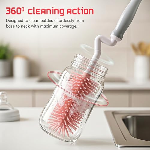 Image of Baybee 2Pc Combo Silicone Bottle Cleaning Brush | BPA-Free 360 Rotatable Silicone Bristles for Nipple, Straw, Vase, Glass & Feeding Bottle Cleaner Set | Anti Slip Handle, Easy to Clean Corner (Pink)