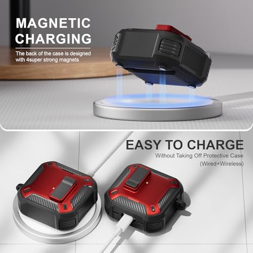 Image of for AirPods 4 Case with Magnetic Secure Lock Clip and Phone Stand, Compatible with Magsafe Charging, with Carabiner&Cleaner kit for Apple iPod 4th Generation Cover(2024) Men Women (Red)