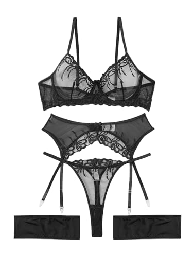 Image of Lilosy Sexy Leaf Floral Embroidered Mesh Sheer Women Underwire Push Up Lingerie Set