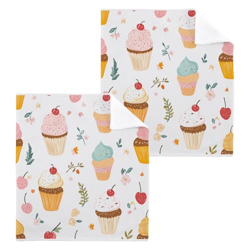 ALAZA Wash Cloth Set 100% Cotton Fingertip Towels Face Cloths Sets Cake Cherry Ice Cream Highly Absorbent Soft Feel Set of 2