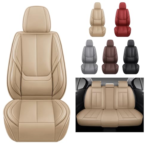 Image of MINGBRON Car Seat Covers Full Set,Black Beige Car Seat Cover, Car Seat Protector Waterproof, Nappa Leather Car Seat Cushion, Fit for Most Cars