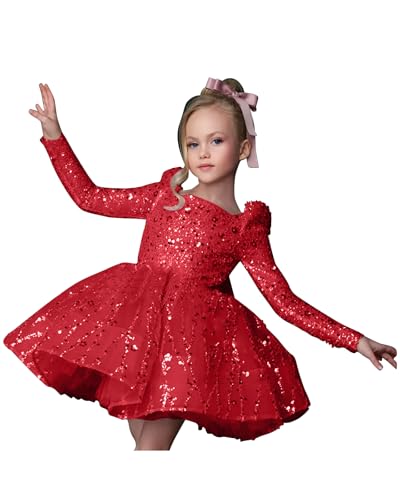 RYANTH Girls Sequin Pageant Dress Sparkly Short Flower Girl Dress Long Sleeves Elegant Birthday Party Dress RW48