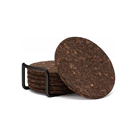Thirstystone Set of 6 Thick Dark Cork Coasters in Attractive Black Coaster Holder 4.7" Round Durable Absorbent Easily Wipes Clean Cover