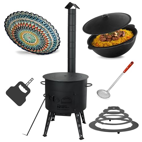 Ø49cm Uchag 2mm stahl Utschak mit Adapter-Ringe Rohr 22L Kazan rund Kasan Utschag Feldküche Feuerstelle Campingofen Außenküche Eintopfofen Schaumkelle Grillfächer Orientalischer Teller