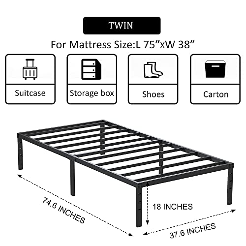 Aldrich 18 Inch Metal Twin Bed Frame - Black Basic Anti Squeak Steel Slats Platform, Easy Assembly Heavy Duty Noise Free Bedframes, No Box Spring Needed #TOP2