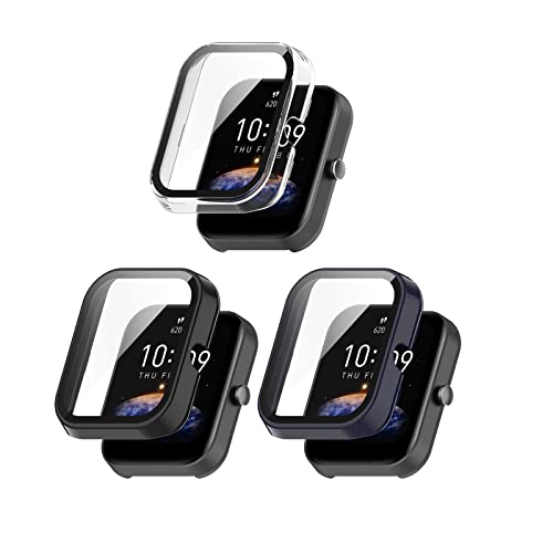 Chofit Hard Case Compatible for Amazfit Bip 3 with Tempered Glass Screen Protector,Ultra-Thin Bumper Full Coverage Watch Protective Cover for Amazfit Bip 3 Pro Women Men (Black&Blue&Clear)