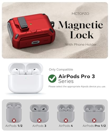 Image of for AirPods Pro 3 Case with Lock (Red) | Compatible with MagSafe,with Phone Stand,with Automatic Snap Switch Carbon Fiber Design Protection Cover with Cleaning Pen