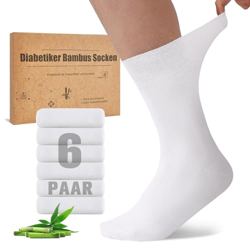 Niorasen Bambus Diabetikersocken, 6 Paar Diabetiker Socken ohne Gummibund & ohne Naht, Bambussocken Gesundheitssocken mit Komfortbund für Herren & Damen, Weiß 39-42 1
