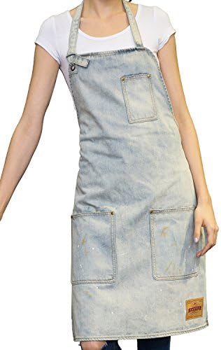 VANTOO Unisex Distressed Jean Apron with Convenient Pockets for Men and Women,White