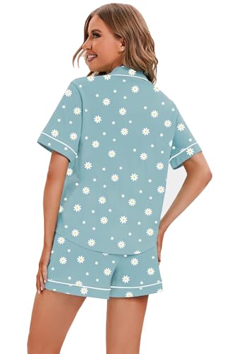 Image of LUBOT 100% Cotton Pajamas for Women 2 Piece PJ Set Button-Down Soft Knit Short Sleeve Summer Sleepwear Loungewear XS-XXL