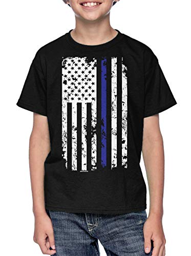 Haase Unlimited Blue Line American Flag - Support Police Youth T-Shirt (Black, Medium)