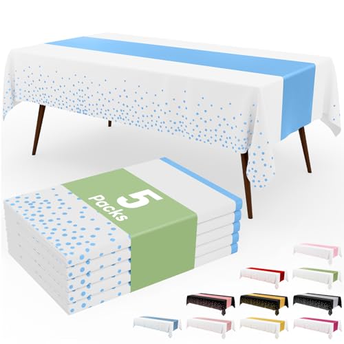 Image of Smiry Plastic Table Cloth Disposable 5 Pack, 54 x 108 Inch Rectangle Waterproof Tablecloth, Printed Gold Table Runner Style for Birthday Weeding, Party, Leakproof & Sturdy, White and Baby Blue