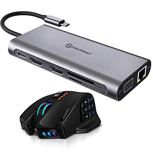 USB C Hub UtechSmart Venus Pro RGB MMO Wireless Gaming Mouse and Triple Display USB Type C Adapter Docking Station