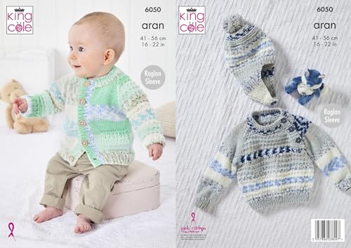 King Cole Baby Aran Knitting Pattern Raglan Sleeve Sweater Jacket & Hat (6050)
