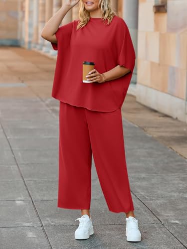 Image of Beautife Women's Plus Size 2 Piece Outfits 3 /4 Batwing Sleeve Capelet Crew Neck Pullover Top Wide Leg Pants Lounge Set