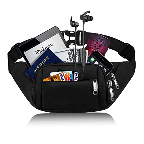 4 Taschen Bauchtasche Damen mit 35 cm verlängertem Gürtel Gürteltasche Herren Große Kapazität wasserdichte Hüfttasche Schwarz für iPad mini & iPhone 12 pro max- Bauchtasche für Sport