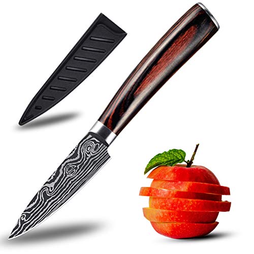 Premium Paring Knife 3.5 inches, Small Kitchen Utility Knife - Ultra Sharp German High Carbon Stainless Steel Fruit Knife for Cutting Vegetable Steak, Pairing Knives with Protective Sheath, by Jonbyi