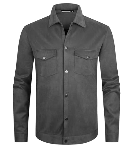 Alex Vando Mens Suede Shirt Jackets Long Sleeve Two Pockets Snap Casual Button Down Shirts