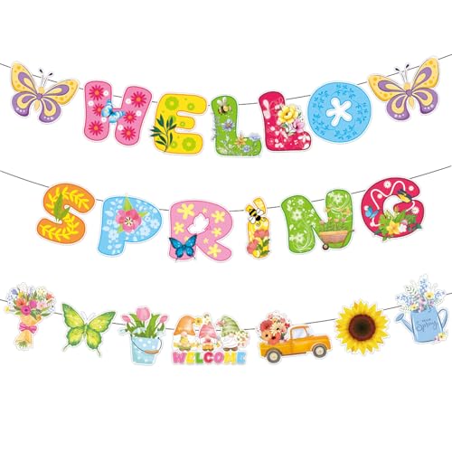 Image of 3Pcs Pre-Strung Hello Spring Banner for Classroom Office Spring Easter Hanging Decorations