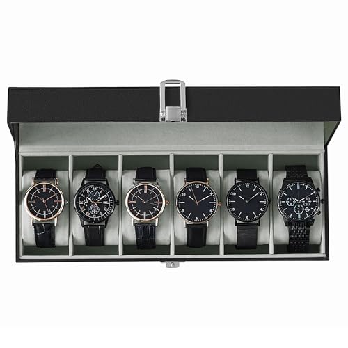 Image of SONGMICS 6-Slot Watch Box, Glass Topped Watch Display Storage Case as Gift, with Velvet Lining, Cushions, and Lock, Black UJWB06BK