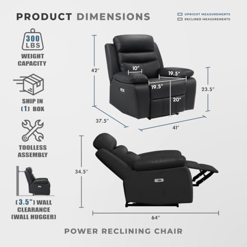 Image of Lexicon 41 inch Leather Match Power Recliner Chair, Wall Hugger Recliner, Black