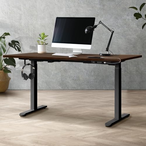 OIKITURE Ergonomic Standing Desk 150 × 75cm Electric Standing Desk Sit Stand Desk Home Office Computer Workstation Height Adjustable Desk, Black and Walnut