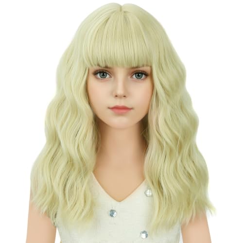 Image of Light Blonde Wig Short Blonde Wavy Curly Wigs Wig with Air Bangs Synthetic Cosplay Hair Wigs