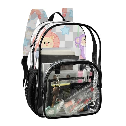 Funny Giraffe Monkey Checkered Gray White School Backpack Clear Clear Book Bag For Teens See Through PVC Bags2