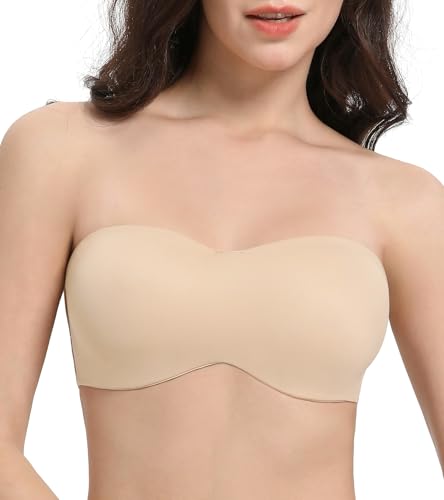 Lemorosy Women's Multiway Strapless Bra Plus Size Unpadded Unlined Minimizer Seamless Bandeau(Beige,34E)