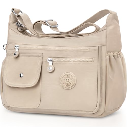 BTNEEU Bolso Bandolera Mujer Grande Nylon Bolso Cruzado Impermeable Bolsos Multibolsillos Crossbody Bag Mediano con Correa Ajustable Casual Ligero Bolsos de Mano para Escuela Viaje Trabaja (Beige)