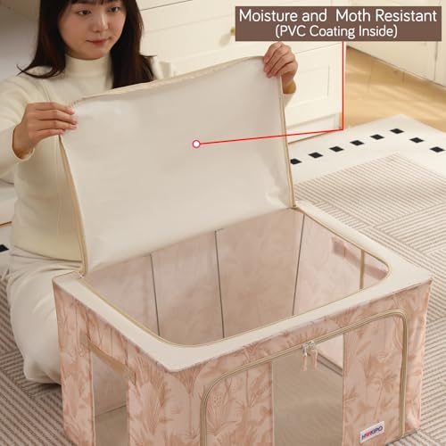 Image of HOKIPO 66L(L) 600D Oxford Fabric Cloth Organizer for Storage, Beige Botanica Pack of 2 (AR-6486-BGE*2)