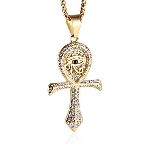 HZMAN CZ Eye of Horus Egypt Protection Pendant Coptic Ankh Cross Religious Stainless Steel Necklace
