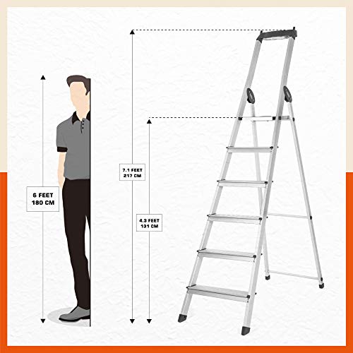 Image of Bathla Elevate 6-Step Foldable Aluminium Ladder for Home with Tool Tray | Anti-Skid | Durable, Heavy Duty, Safe & Stylish | 5-Year Warranty | Black