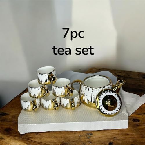 Image of DMRD Porcelain Tea Set with Kettle |Tea Cup Set 7Pc | Aesthetic and Classic Cups Set | Premium Crockery for Home & Gifting with Golden Color Geometric Pattern Design. (Golden Drop Strip)