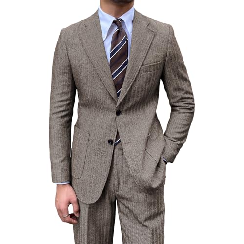 Mens 2 Pieces Tweed Herringbone Suit 2 Bottons Blazer Business Wedding Jacket Pants Tuxedo Set