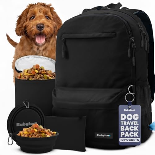 Image of Dog Travel Bag for Supplies - Complete Dog Diaper Bag Backpack with 2 BPA-Free Travel Bowls, Treat Pouch, Food Container, Placemat & Laptop Sleeve - for Traveling, Road Trips, Hiking: Black
