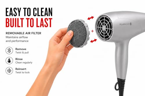Image of Remington Damage Protection Hair Dryer with Ceramic Ionic Tourmaline Technology, Grey, Diffuser and Concentrator, 3 Piece Set