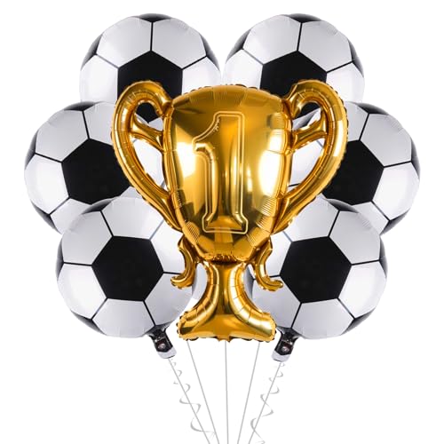 Image of Soccer Party Balloons Set, 32 Inch Champion Trophy Mylar Foil Balloon and 6pcs Football Helium Foil Balloons, Sport Decor for Boys Kids Soccer Ball Fans Birthday Party Decoration Supplies