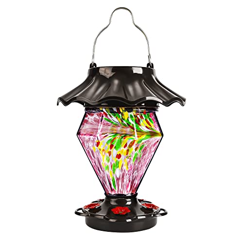 LUJII Solar Powered Color Changing Hummingbird Feeder for Outdoors Hanging, Hand Blown Glass Reservoir, 35 fl.oz, Never Leak, Illuminated Lantern for Garden Decor, for Women, Purple