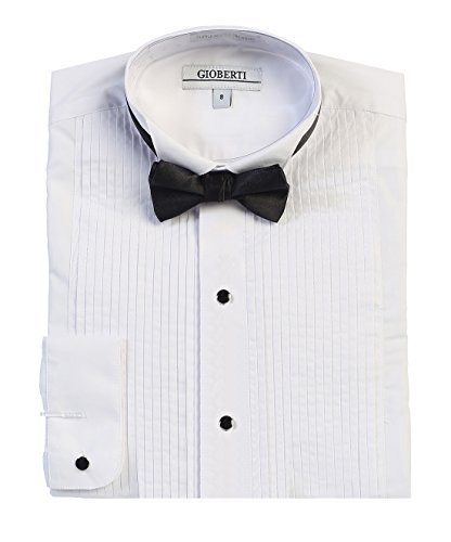 Gioberti Boy's Wing Tip Collar White Tuxedo Dress Shirt with Bow Tie and Metal Studs, White, Size 18